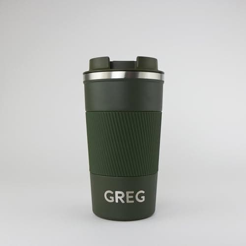 cribstar Personalised Engraved Insulated Travel Mug | Stainless Steel Tumbler | Double-Walled Tea/Coffee Cup | Leak-Proof & Reusable | Keeps Hot 12h / Cold 24h | Thermal Mug (Khaki, 510ml)