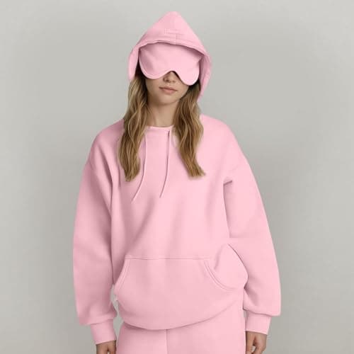 Hooded Sweatshirt With Eye Mask Ladies Plus Size Hoodies Hidded Pocket Travel Airplane Mode Hoodie Long Sleeve Casual Pullover Tops for Office Holiday Hiking 01 Pink L — view 3
