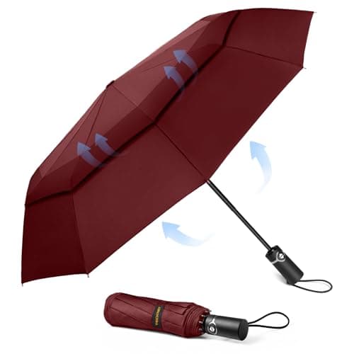 TECKNET Windproof Automatic Umbrella - Strong Compact Travel, Large Wind Resistant With 10 Ribs, Folding Lightweight Golf for Rain - Men, Red