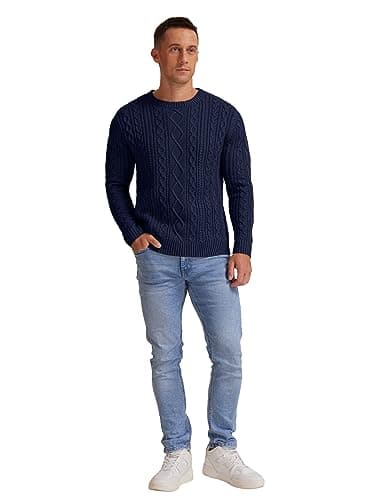 Hisir Men's Cable Knit Jumper, Thick Warm Crew Neck Winter, Navy Blue, XXL — view 5
