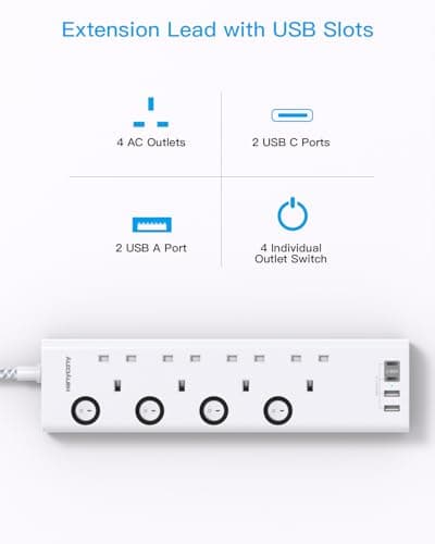 Extension Lead with USB Slots(2 USB C), 4 Way Plug Extension Socket, 1.8M — view 2