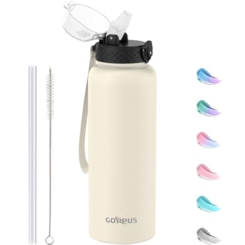GOPPUS 1.2L/40oz Stainless Water Bottle with Straw Double Wall Insulated Bottles with Strap Large Vacuum Thermal Flask Leakproof Keep Cold Drinks Bottles with Flip Top Lid for Men Women BPA Free