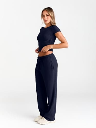 LILLUSORY 2 Piece Lounge Wear Sets for Women UK Vacation Travel Outfit Airport Casual Elastic Waisted Wide Leg Trousers Co Ord Sets Dressly Capsule Wardrobe Clothing 2026 Navy S — view 3