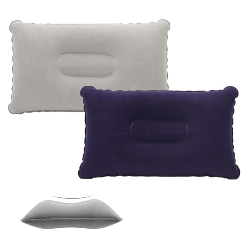 2-in-1 Inflatable Travel Pillow (32x22cm) - Soft Flocked Neck & Lumbar Support Pillow, Ideal for Sunbathing Hiking, Portable Travel Cushion (Blue&Gray)