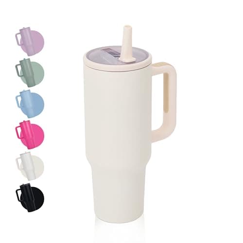 CherryKelly 40oz (1200ml) Tumbler with Handle & Flip Straw | Stainless Steel Travel Coffee Mug | Insulated Thermal Cup | Hot & Cold Drinks Water Bottle | BPA-Free - Cream White