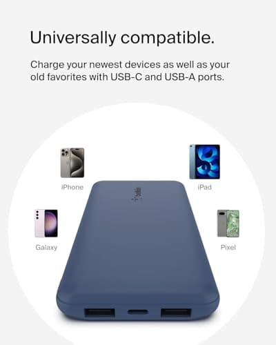 Belkin 10000mAh portable power bank, 10K USB-C portable charger with 1 USB-C port and 2 USB-A ports, battery pack for up to 15W charging for iPhone, Samsung Galaxy, AirPods, iPad, and more - Blue — view 5