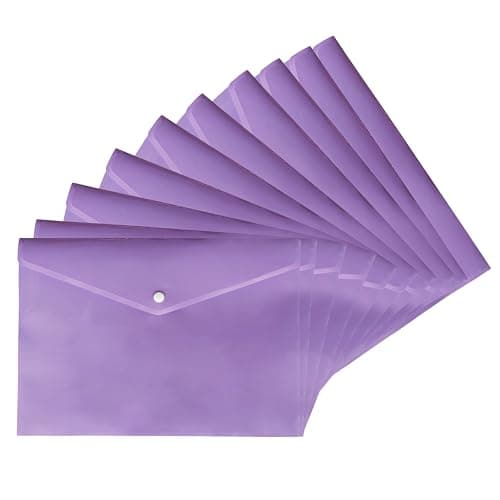 M1SS Pack of 10 Plastic Wallets A4 [33 x 23cm] Waterproof Plastic Folders for Documents Purple Popper Wallet A4 with Snap Button for Home, Office, School and Travel Stationary Paper Filing