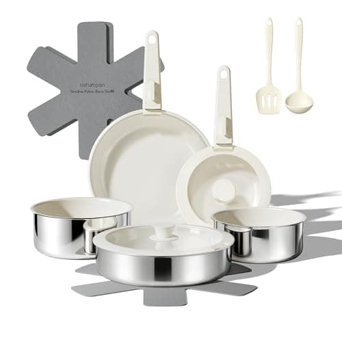 naturepan 16 PCS Ceramic Cookware Set, Stainless Steel Exterior Pots and Pans Set Non Stick, 10x More Durable Super Ceramic Coating, for Induction Hob Pan Set (Beige White)