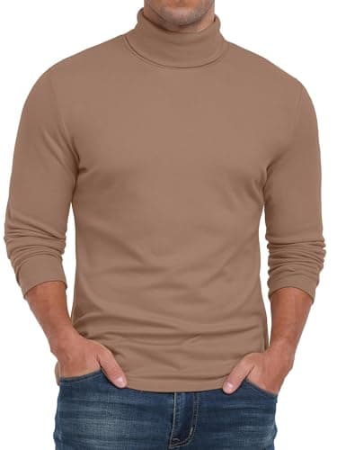 QIXING Men's Thermal Turtleneck Top, Long Sleeve Base Layer, Brown, XL — view 2