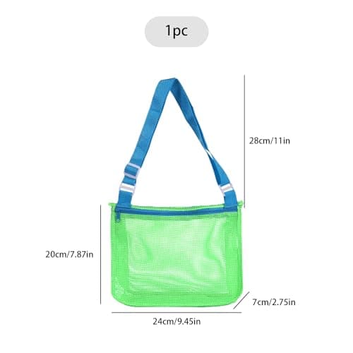 Tabanzhe Mesh Beach Bag,Adjustable Carrying Strap Shoulder Bag,Foldable Seashell Collecting Sand Bag,Swimming Pool Beach Accessories,for Seashell Toy Clothes Towels Collecting(Green Blue Band) — view 2