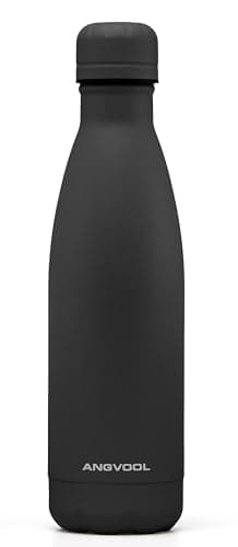 ANGVOOL Insulated Water Bottle, Stainless Steel Metal Thermal Flask for Hot and Cold Drinks, Leak Proof BPA Free Drinking Bottles for Kids or Adults (Black, 500ml)