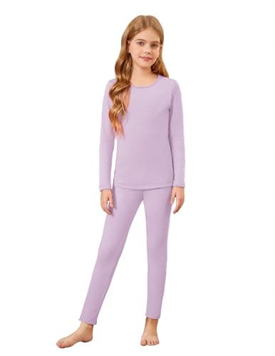 Arshiner Girls Thermal Underwear Set Children's Purple Fleece Thin Base Layers Winter Warm Long Sleeve Shirts and leggings 7-8 Years