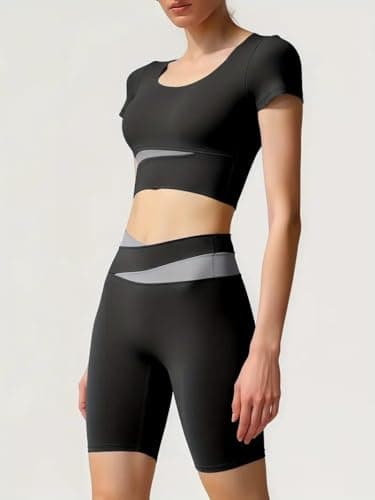 ZiaWorld 5pcs Women Yoga Wear Workout Set with Zipper Long Sleeve Jacket Fitness Yoga Leggings Sports Bra Short Sleeves Top for Running Fitness Seamless Tracksuit (Black, M) — view 4