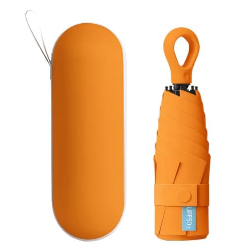Mini Travel Sun Umbrella with Ring Handle UPF 50+ UV Protection，Orange