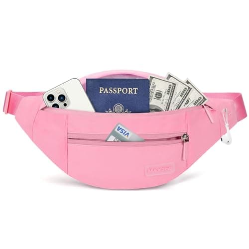 MAXTOP Large Bumbag Waist Fanny Pack Running Belt for Men Women Unisex Bum Bag with Headphone Jack and 4-Zipper Pockets Adjustable Belt for Travel Running Jogging Workout Hiking Gifts Pink