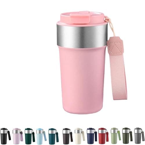 Insulated Travel Mug 500ml Reusable Thermal Coffee Cups for Hot Drinks with Lid and Strap (Pink)