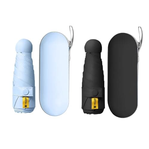 Cosiesnest 2 Pack Mini Folding Umbrellas with Capsule Cases, 6 Ribs Lightweight Compact Travel Umbrella for Handbag, Windproof UV Protection UPF 50+ Sun & Rain Umbrella for Women Men (Black & Blue)