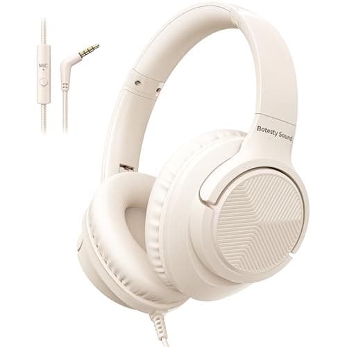 Wired Headphones with Microphone, 3.5mm Corded Headphones for School, Beige