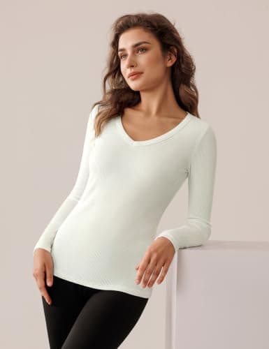 Harlamvar Women Micro Fleece Lined Tops Long Sleeve Tops V Neck Base Layer — view 4