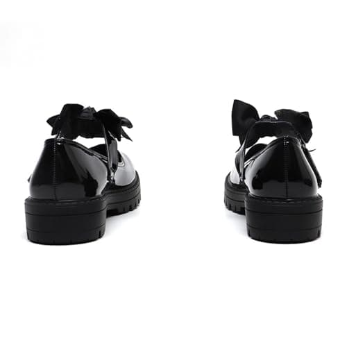 Gizelle® Girls Patent Black Mary Jane School Shoes with Detachable Bow On Strap - Toddler Kids Back to School Comfortable Anti-Slip Uniform Flat Shoes UK-8uk — view 6