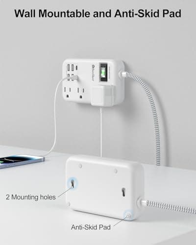 6 USB(2 USB C) Surge Protector Power Strip- 5Ft Travel Power Strip with 4.8A USB Charging Station and 4 Outlets, 13A Ultra Thin Flat Plug Braided Extension Cord with Wall Mount for Travel Office Dorm — view 6