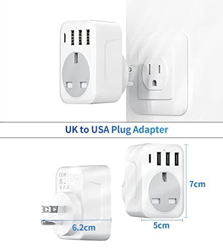 FSTravelP UK to US Plug Adapter with 4 USB Ports US Travel Adapter with 3 USB A & Type C Wall Plug USA Plug Adaptor UK to USA Travel Plug Trip to US Canada Mexico Thailand and More(Type B) — view 5