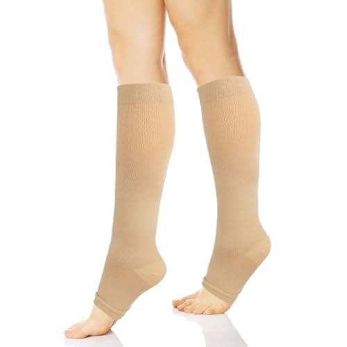 Compression Socks for Women Men, Open Toe Compression Stockings Flight Compression Socks Calf Support Toeless Stockings for Flying Travel Yoga Nurses Running F4-LZYLW (Skin,L/XL)