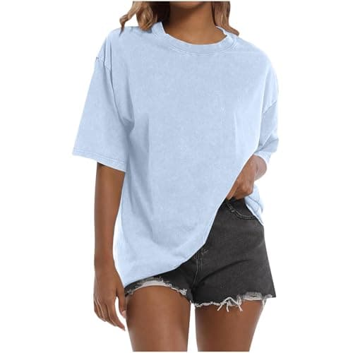 Women's T-Shirts Heavy Cotton Tops Basic Short Sleeve Round Neck Tees Washed Oversized Elegant Womens Baggy Oversized T Shirts Walking Holiday Travel Y2K Clothes Plus Size Light Blue
