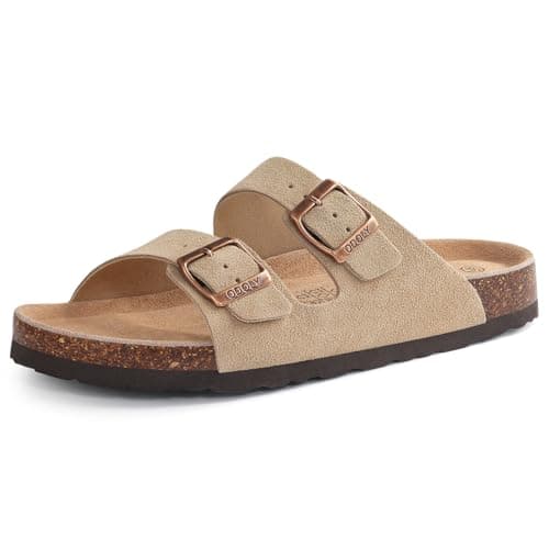 ODOLY Unisex Cork Footbed Slide Sandal, Arch Support Summer Outdoor Sandals with Adjustable Buckle for Women and Men, Taupe Suede, 6.5-7 Women/5-5.5 Men
