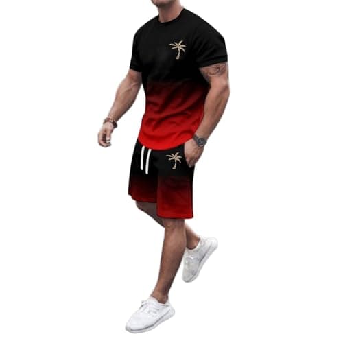 Men Sport Outfit, Athletic Casual Activewear, Olive Grey Tee and Shorts Set, Lightweight Summer Gym Travel Styling, Weekend Errands, Summer Exercise Wear, Simple Pull on Shape (Red, L)