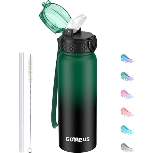 GOPPUS 600ml/20oz Stainless Water Bottle with Straw Double Wall Insulated Bottles with Strap One Hand Open Vacuum Thermal Flask with Flip Top Lid Leakproof Keep Cold Drinks BPA Free (Green Black)