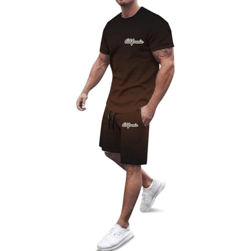 Mens 2 Piece Tracksuit Short Sleeve T-Shirts and Shorts Matching Set Loungewear Sweatsuit Lounge Sets with Pockets Loungewear for Travel Sportswear for Gym Running Exercise Fitness (#0001 Coffee,3XL)