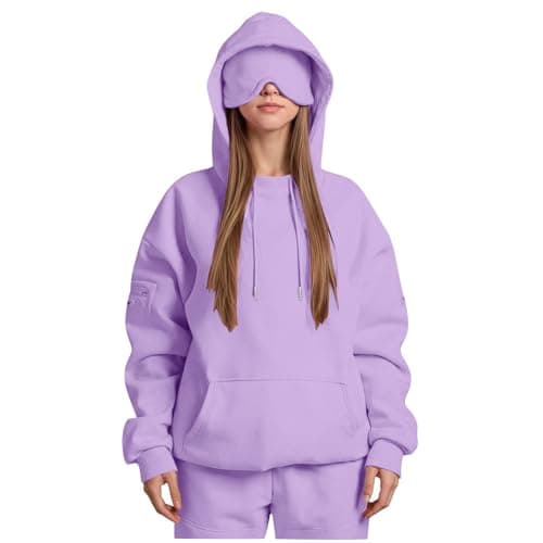 Ewleguzka Travel Hoodie with Eye Mask Built In,Comfrt Airplane Wearable Blanket Hoodie for Adults Men Women 4 Pockets Purple