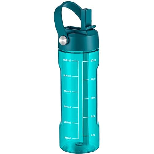 GOPPUS 600ml/20oz Clear Water Bottle with Straw, Tritan Leakproof Sports Drinking Bottle, BPA Free Wide Mouth Gym Bottle with Handle and Measurement Marks for School, Gym, Travel (Teal Blue)