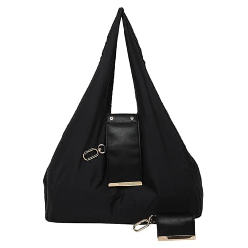 Foldable Keychain Tote Bag with Premium Leather Pouch Expandable Reusable Grocery Shopping Bag Large Capacity Lightweight Portable Handbag for Travel Daily Use (black)
