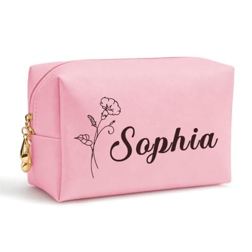 EDSG Personalised Makeup Bag, Waterproof Leather Cosmetic Bags with Name & Birthflower, Travel Toiletry Bag Gifts for Women, Best Friends, Sister, Birthday, Bride Bridesmaid Gifts (Pink, Design 1)