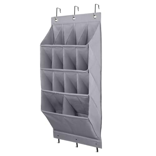 FENTEC Over Door Shoe Storage, Door Shoe Organizer 14 Pockets, Hanging Shoe Storage Organiser Back of Door Shoe Rack, Sturdy 600D Oxford Fabric with 3 Hooks for Space Saving, Heavy Duty, Grey