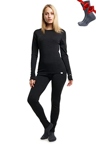 100% Merino Wool Base Layer Womens Set - Thermal Underwear Womens + Socks (Small, 165 Charcoal)
