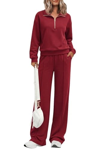 PRETTYGARDEN Womens 2 Piece Workout Sets 2026 Fall Half Zip Pullover Sweatshirt Sweatpants Matching Travel Outfits Sweatsuits, Burgundy, Medium
