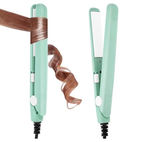 LOPHE Mini Ceramic Plate Hair Straightener, 10s Fast Heating Flat Irons Curling Iron Hair Portable Travel Curling Wand Upgraded Dual-use Hair Curler for Short and All-Hair Types (Green)