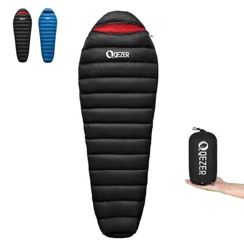 QEZER Down Sleeping Bag, Only 820 g, Lightweight Sleeping Bag, Small Pack Size with 600FP Down for 3 Seasons, Camping, Trekking and Hiking, Outdoor (blackblack)