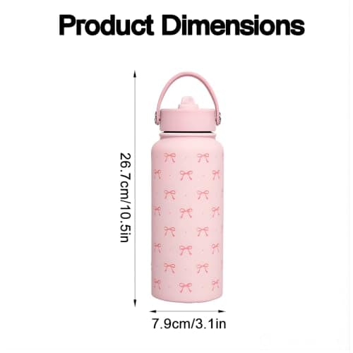 Pink Bow Water Bottle 1L (32oz) Insulated Water Bottle Stainless Steel Pink Girls Water Bottle with Straw for Women Girls, Birthday and Back to School Gift — view 2