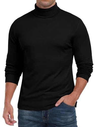 QIXING Men's Thermal Turtleneck Top, Long Sleeve Base Layer, Black, M