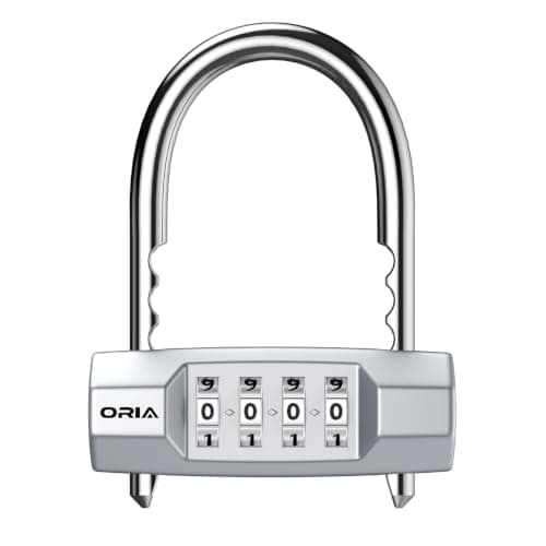 ORIA 4 Digit Combination Padlock with Adjustable Long Shackle, U-Shaped Resettable Lock, Security Number Lock, Zinc Alloy Material, Waterproof Padlock for Gym/Bicycle/Toolbox/Cabinet - Silver