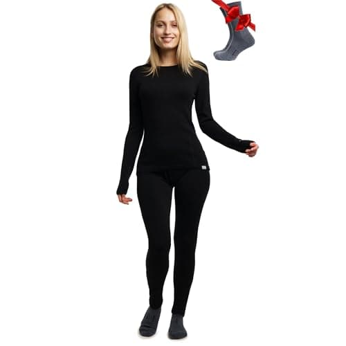 100% Merino Wool Base Layer Womens Set - Thermal Underwear Womens + Socks (Large, 250 Black)