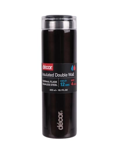 Décor Double Wall Stainless Steel Travel Mug - Keeps 4 Hours Hot - 12 Hours Cold - Car Cup Holder Compatible - Removable Screw Top Lid - 300ml Black