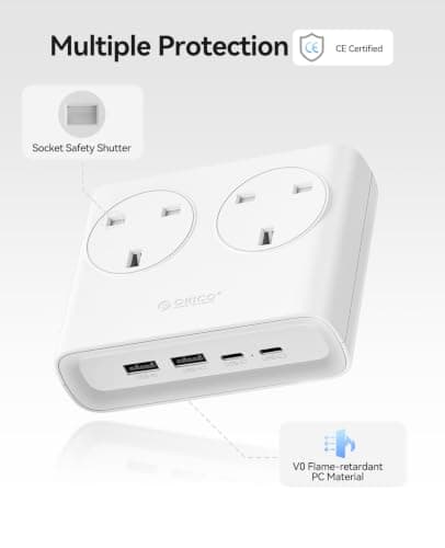 ORICO Flat Extension Lead with USB Slots, 2 Way Socket Outlets with 4 USB Ports(2 USB C & 2 USB A), 1.6m Extension Cord, Desk Power Strip for Travel, Office, Home (White) — view 4