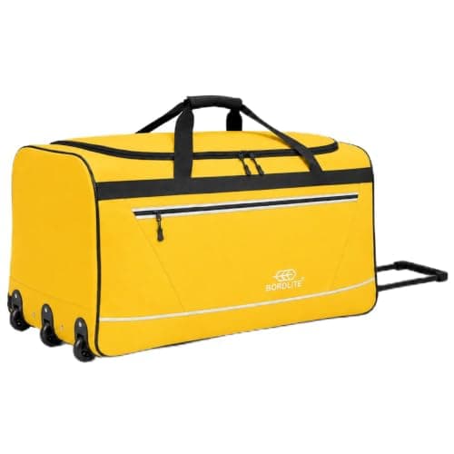 Bordlite 105L Extra Large Travel Bag on Wheels – 30 Inch Water-Resistant Tarp Holdall with 3 Smooth Wheels, Pull Handle & Quick-Access Pocket – Holiday and Storage Luggage, 77x38x36cm, Yellow