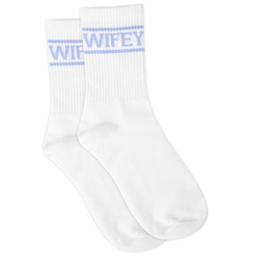 Mikovivi Wifey Socks for Women, Soft Cotton Newlywed Socks with Blue Text Bridal Wedding Gifts Honeymoon Essentials for Wives Birthday Anniversary Engagement