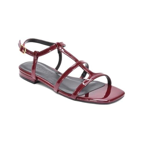 ESSEX GLAM Women's Flat Sandals Ladies Strappy Ankle Strap Buckle Caged Burgundy Patent Synthetic Leather Square Toe Shoes Size 7